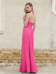 Floor-length Lace Sheath Dress Halter Neck Fuchsia