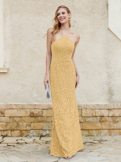 Floor-length Lace Sheath Dress Halter Neck Gold