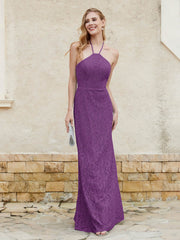 Floor-length Lace Sheath Dress Halter Neck Grape