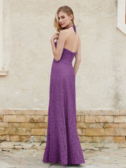 Floor-length Lace Sheath Dress Halter Neck Grape
