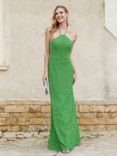 Floor-length Lace Sheath Dress Halter Neck Green