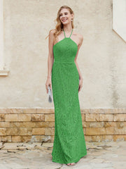 Floor-length Lace Sheath Dress Halter Neck Green Plus Size