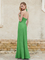 Floor-length Lace Sheath Dress Halter Neck Green Plus Size