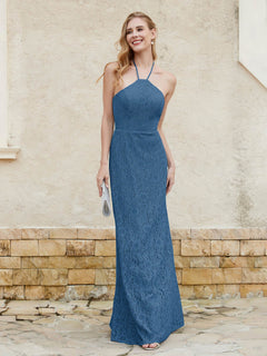 Floor-length Lace Sheath Dress Halter Neck Ink Blue