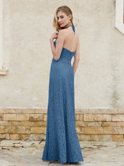 Floor-length Lace Sheath Dress Halter Neck Ink Blue