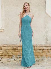 Floor-length Lace Sheath Dress Halter Neck Jade