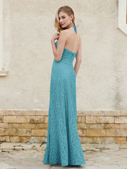 Floor-length Lace Sheath Dress Halter Neck Jade