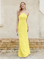 Floor-length Lace Sheath Dress Halter Neck Lemon