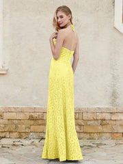 Floor-length Lace Sheath Dress Halter Neck Lemon
