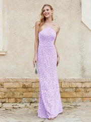 Floor-length Lace Sheath Dress Halter Neck Lilac