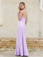 Floor-length Lace Sheath Dress Halter Neck Lilac