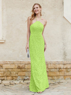 Floor-length Lace Sheath Dress Halter Neck Lime Green