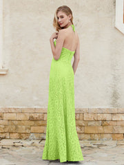 Floor-length Lace Sheath Dress Halter Neck Lime Green