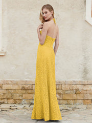 Floor-length Lace Sheath Dress Halter Neck Marigold