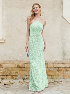 Floor-length Lace Sheath Dress Halter Neck Mint Green
