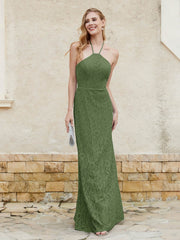 Floor-length Lace Sheath Dress Halter Neck Moss