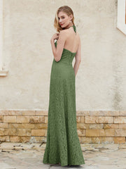 Floor-length Lace Sheath Dress Halter Neck Moss