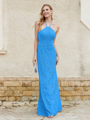 Floor-length Lace Sheath Dress Halter Neck Ocean Blue