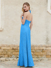 Floor-length Lace Sheath Dress Halter Neck Ocean Blue
