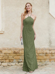 Floor-length Lace Sheath Dress Halter Neck Olive Green