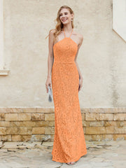 Floor-length Lace Sheath Dress Halter Neck Orange