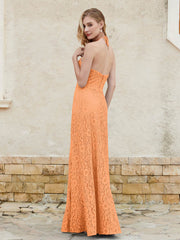 Floor-length Lace Sheath Dress Halter Neck Orange