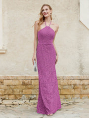 Floor-length Lace Sheath Dress Halter Neck Orchid