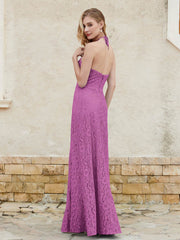 Floor-length Lace Sheath Dress Halter Neck Orchid
