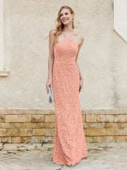 Floor-length Lace Sheath Dress Halter Neck Papaya