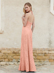 Floor-length Lace Sheath Dress Halter Neck Papaya