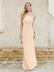 Floor-length Lace Sheath Dress Halter Neck Peach Plus Size