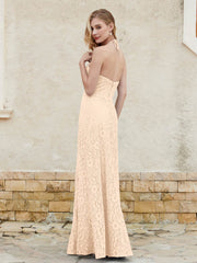 Floor-length Lace Sheath Dress Halter Neck Peach