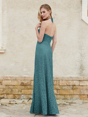 Floor-length Lace Sheath Dress Halter Neck Peacock Plus Size