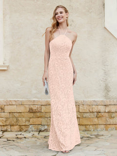 Floor-length Lace Sheath Dress Halter Neck Pearl Pink