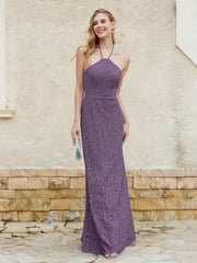 Floor-length Lace Sheath Dress Halter Neck Plum