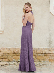 Floor-length Lace Sheath Dress Halter Neck Plum