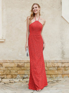 Floor-length Lace Sheath Dress Halter Neck Red