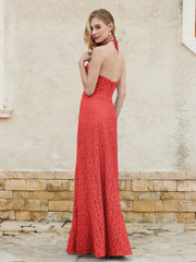 Floor-length Lace Sheath Dress Halter Neck Red