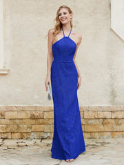 Floor-length Lace Sheath Dress Halter Neck Royal Blue