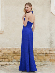 Floor-length Lace Sheath Dress Halter Neck Royal Blue
