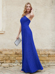 Floor-length Lace Sheath Dress Halter Neck Royal Blue
