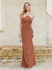 Floor-length Lace Sheath Dress Halter Neck Rust