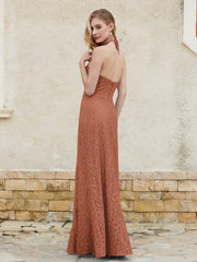 Floor-length Lace Sheath Dress Halter Neck Rust