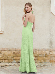 Floor-length Lace Sheath Dress Halter Neck Sage