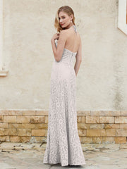 Floor-length Lace Sheath Dress Halter Neck Silver