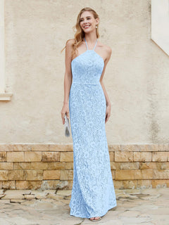 Floor-length Lace Sheath Dress Halter Neck Sky Blue