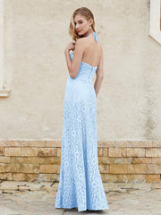 Floor-length Lace Sheath Dress Halter Neck Sky Blue