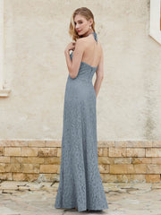 Floor-length Lace Sheath Dress Halter Neck Slate Blue