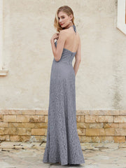 Floor-length Lace Sheath Dress Halter Neck Steel Grey