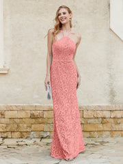Floor-length Lace Sheath Dress Halter Neck Sunset